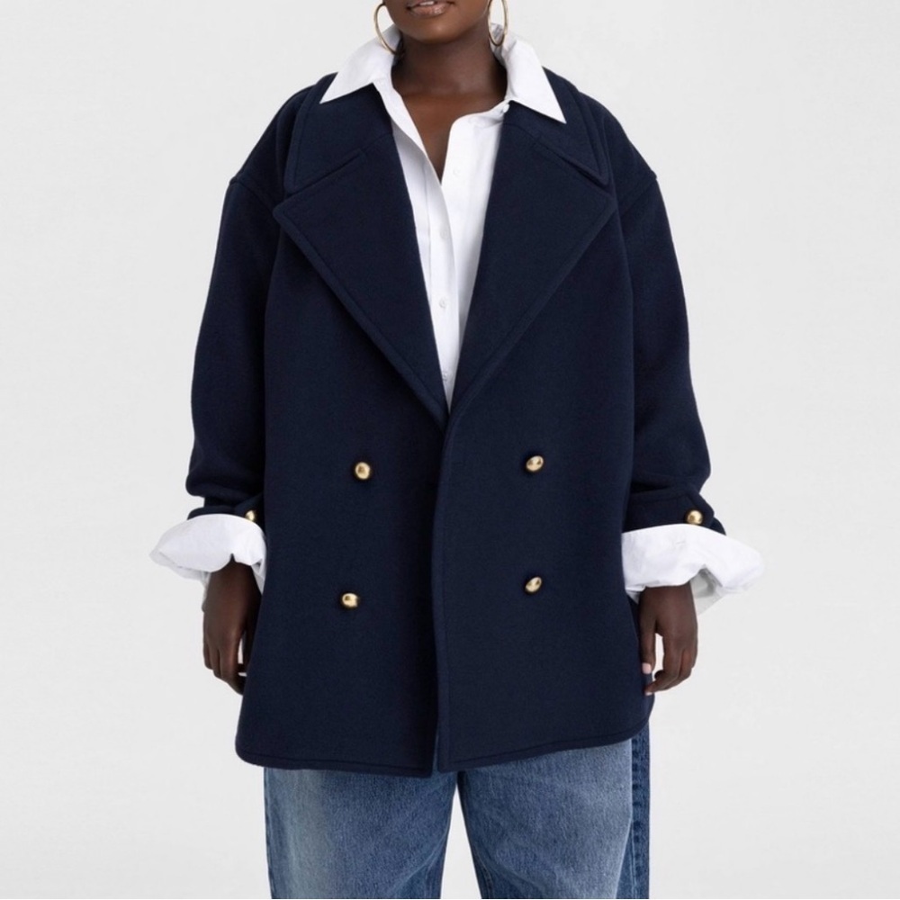 KBB by KahlaNa Women's Navy Blue Double-Breasted Pea Coat Gold Buttons Size L